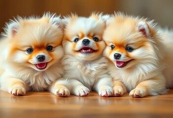 Obraz premium Three fluffy Pomeranian puppies, smiling, lying down together, Pomeranian, adorable