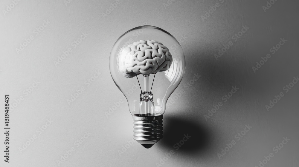 Poster brain in lightbulb; concept of insight; grey background; stock photo