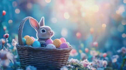 Adorable bunny inside a wicker basket filled with vibrant Easter eggs with a soft bokeh effect in the background. Created with generative AI.