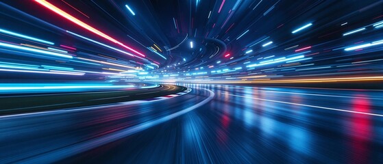 A curved road in a futuristic setting with streaks of blue and red lights suggesting high-speed travel.