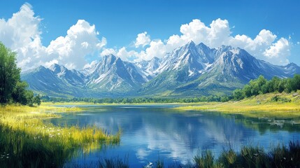 Serene mountain lake landscape under a vibrant sky