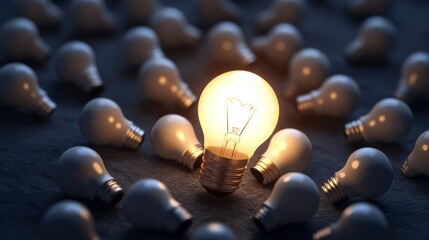 Illuminated Lightbulb Among Many, Idea Concept, Dark Background, Stock Photo