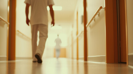 blurred view of hospital corridor with medical staff in action