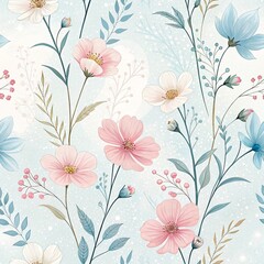Soft Pastel Wildflower Seamless Pattern, Spring Garden Florals