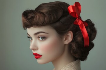 Naklejka premium Beautiful fashion model posing with red ribbon in hair and red lipstick