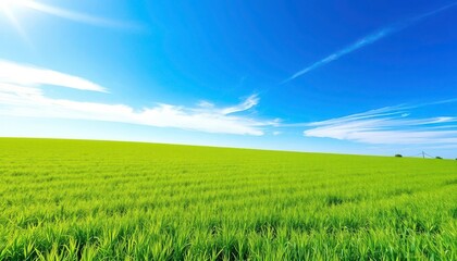 Obraz premium Vast green pasture under a brilliant blue sky, showcasing sustainable farming practices, environment, horizon