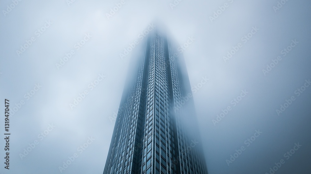 Poster a fog-covered skyscraper disappearing into the clouds