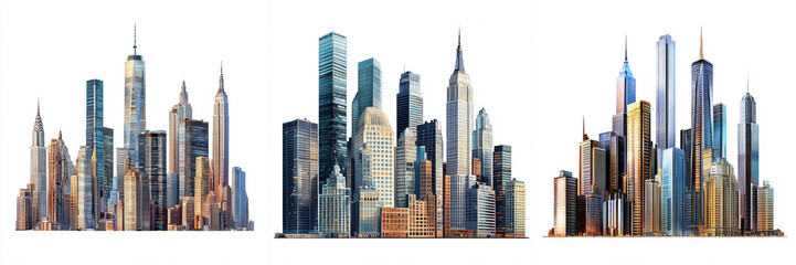 Set of a city skyline with many tall buildings, Beautiful City skyscrapers city skyline buildings isolated on a transparent background