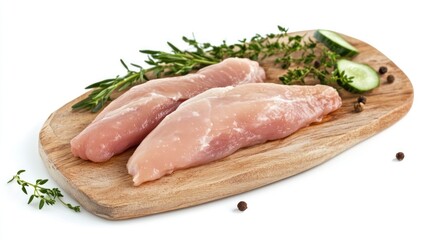 Raw chicken breast fillets on wooden board with herbs and cucumber slices
