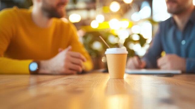 Two people having meeting in cozy cafe with coffee cup on table