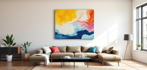 Vertical oil painting mockup on living room wall Blank canvas in home interior setting, vertical mockup, home interior
