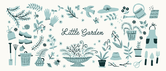 Obraz premium Whimsical collection of various garden elements. Vector hand drawn illustration. All elements are isolated.