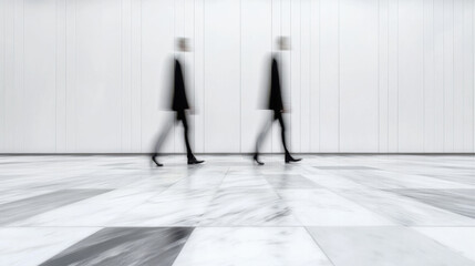 Motion blur of two people walking in modern, minimalist hallway
