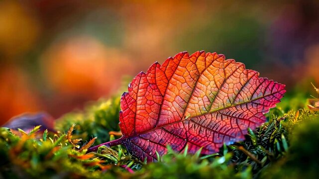 A vibrant red leaf rests on lush green moss. The background features warm colors, creating a beautiful nature scene perfect for fall.