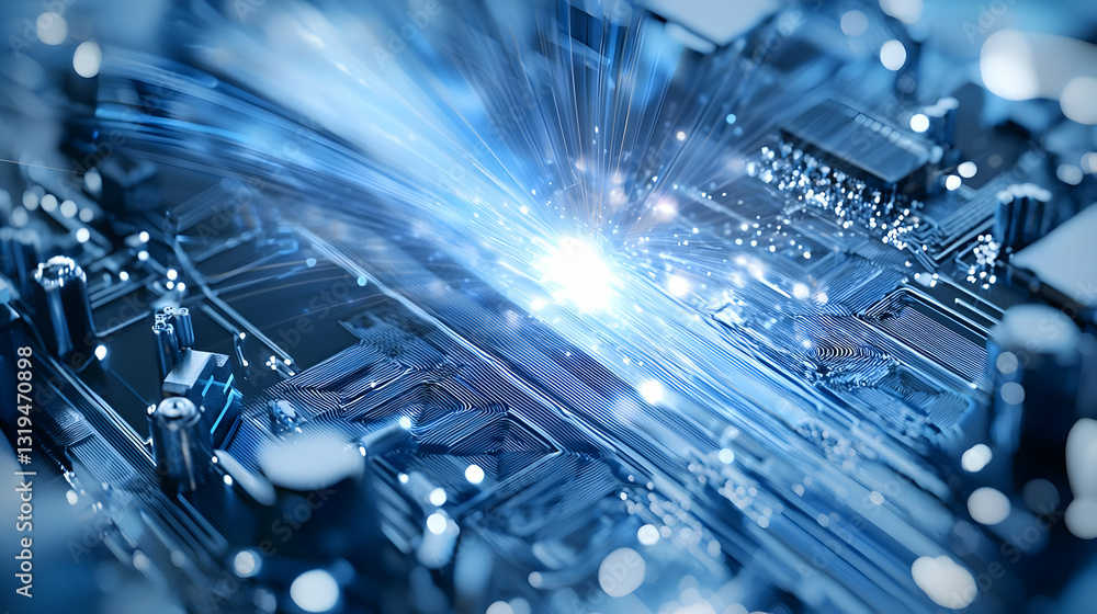 Poster close-up of blue circuit board with bright light emanating from center symbolizing data processing a