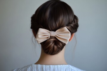 Back view of brunette woman with elegant low bun hairstyle and beige bow barrette