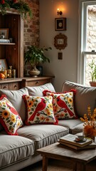 Fototapeta premium Cozy living room with beige sofa and colorful bird-patterned cushions
