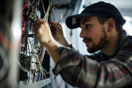 A focused technician with a baseball cap diligently repairs a complex network of wires, highlighting technical expertise in maintaining industrial systems. Flannel shirt adds casual touch.