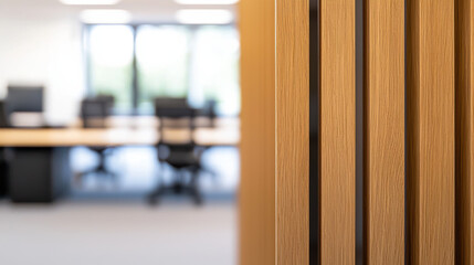 Obraz premium Open plan office with wooden paneling and blurred background