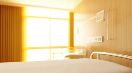 sunlit hospital room with bed and medical equipment, creating warm atmosphere