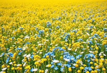 Fototapeta premium Vibrant blue and white blossoms scattered across a sunny yellow field, daylight, colorful