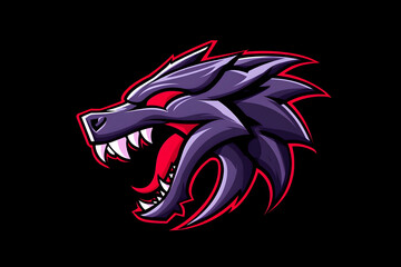 Aggressive wolf head logo, stylized dragon-like