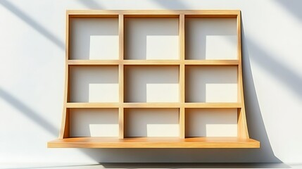 Minimalist light wood shelf mounted on wall with natural light beam