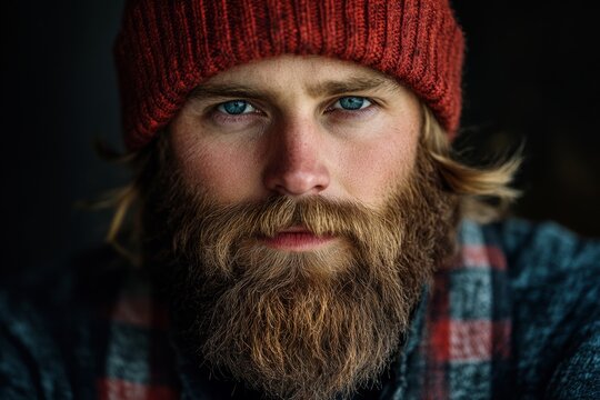 Portrait of a bearded man with blue eyes wearing a red beanie and plaid shirt