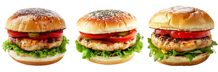 Set of a burger with lettuce tomato and cheese, chicken burger cut out with red isolated on a transparent background