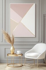 Blush pink, gold geometric art print in elegant room.