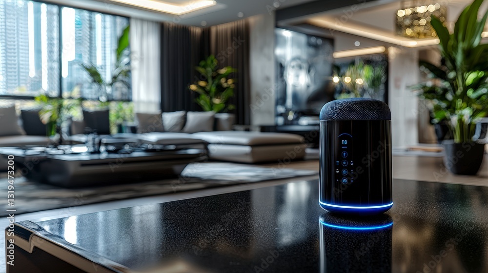 Aufkleber futuristic ai-powered home assistant device modern living room technology display sleek environment 