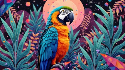 Obraz premium Vibrant parrot in mystical jungle with full moon
