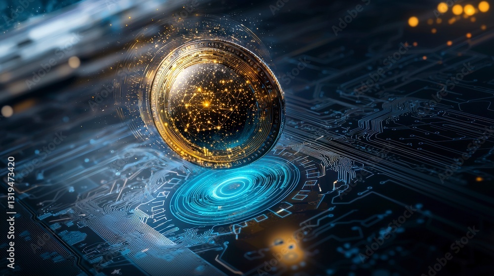 Poster futuristic digital coin glowing in gold and silver cyber city 3d render tech environment close-up vi