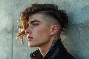 Fashionable model showcasing modern hairstyle and tattoos in urban setting