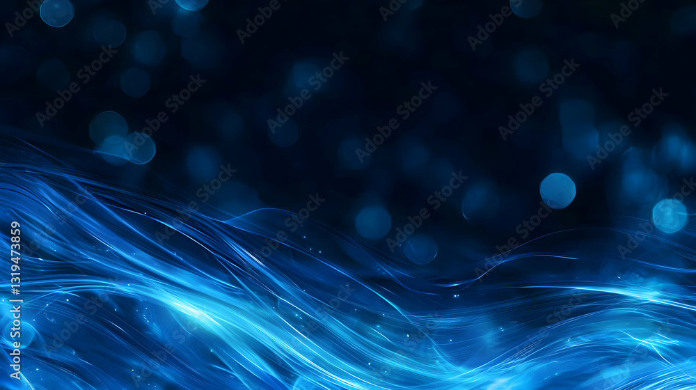 Poster abstract blue wavy background with glowing particles and bokeh effect in dark backdrop