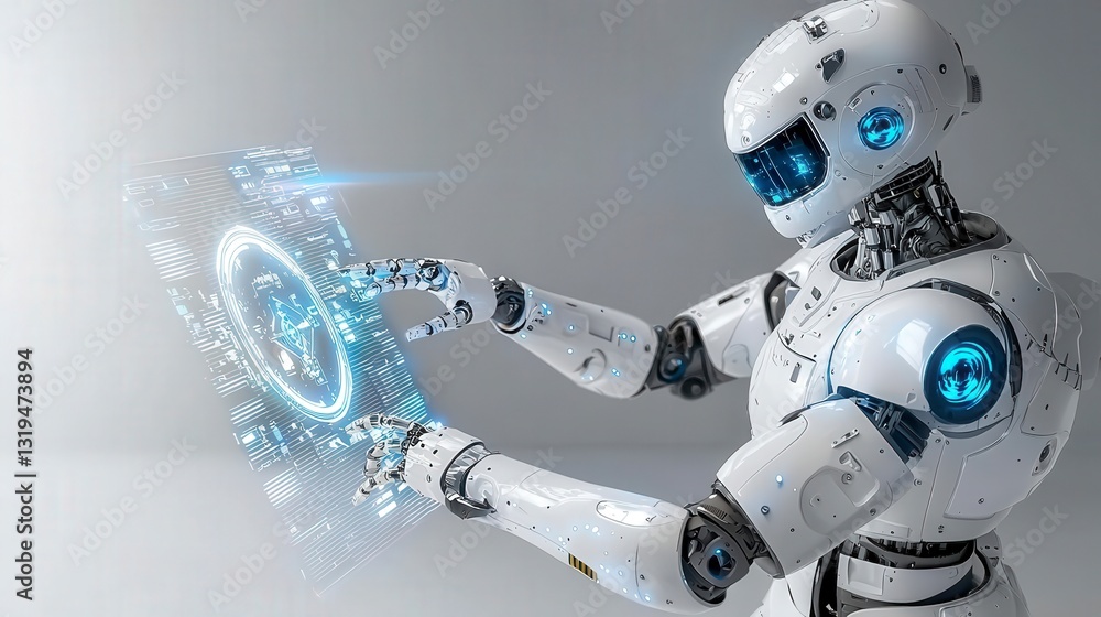 Leinwandbilder Humanoid robot interacts with holographic display in a futuristic lab environment