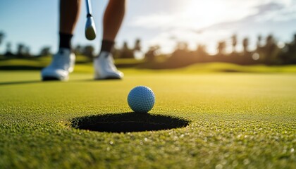 Professional Golfer'S Perspective: Putting Green Pov Shot Of Golfer Sinking Ball Into Hole While Playing Golf On Field.