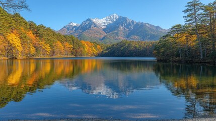 Obraz premium Autumnal mountain lake mirroring fall colors