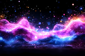 Glowing nebulae in vibrant purple and blue hues Shimmering particles create a cosmic landscape