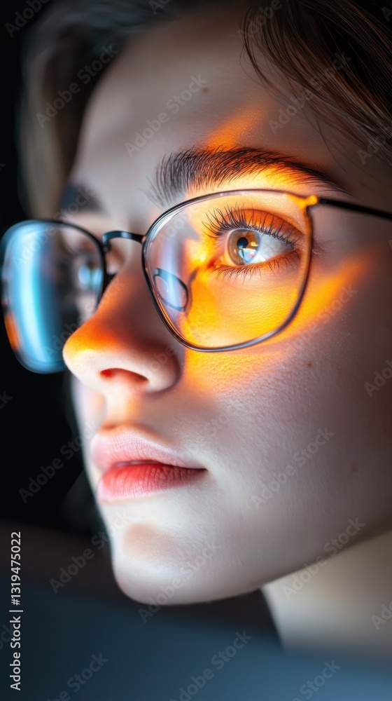 Poster data analyst creating clusters on laptop in office setting during evening with focused lighting