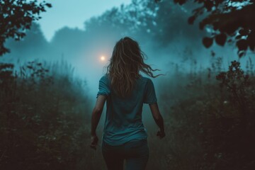 Young woman running through foggy forest at night toward mysterious light in distance