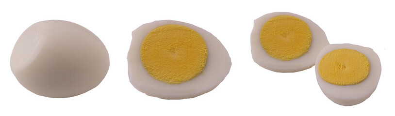 Hard Boiled Egg Halves and Whole Egg Isolated on White Background
