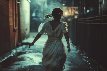 Young woman running down dark alley at night, escaping danger in mysterious setting