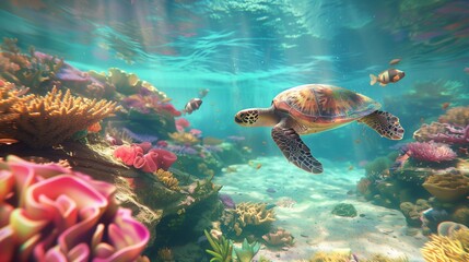 Obraz premium A vibrant and dynamic scene of a sea turtle exploring a shallow coral lagoon