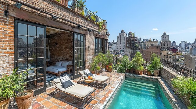 Urban rooftop pool deck with city views