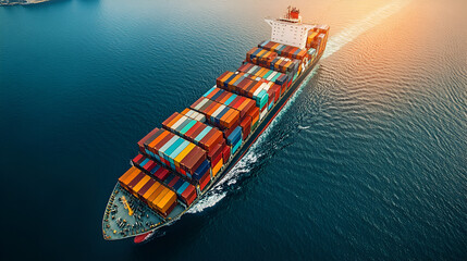 Aerial view of cargo container ship, maritime logistics, global trade, sunset ocean scene
