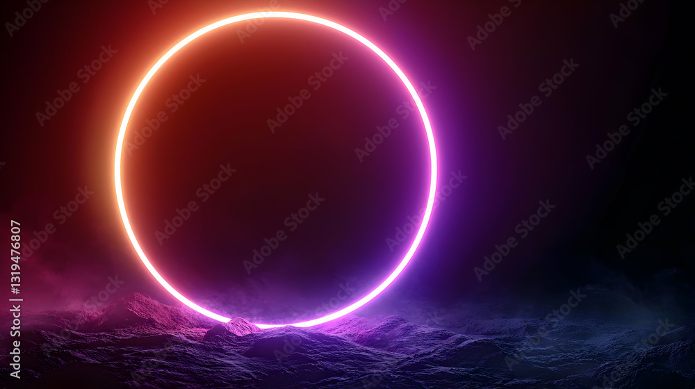 Poster glowing neon circle light on dark textured ground with colorful smoke in background futuristic abstr