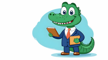 Cartoon crocodile in business suit holding a book and folder