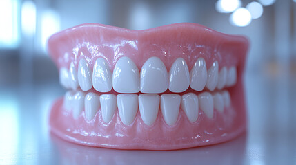 Obraz premium Dental prosthesis with full set of teeth, realistic dentures, oral hygiene, medical dental care 