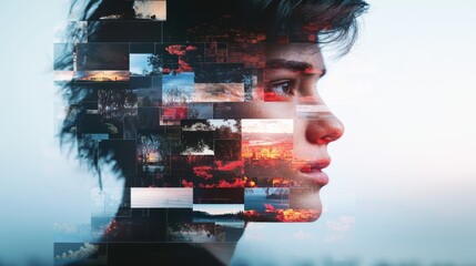 Creative multimedia display of vibrant collage with video audio and graphics on a dark background